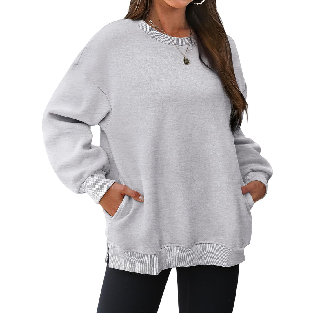 Damen nan verlängertes Oversize Rundhalspullover mit seitlichen Eingrifftaschen, Rippbündchen und überschnittener Schulter Shop Nory