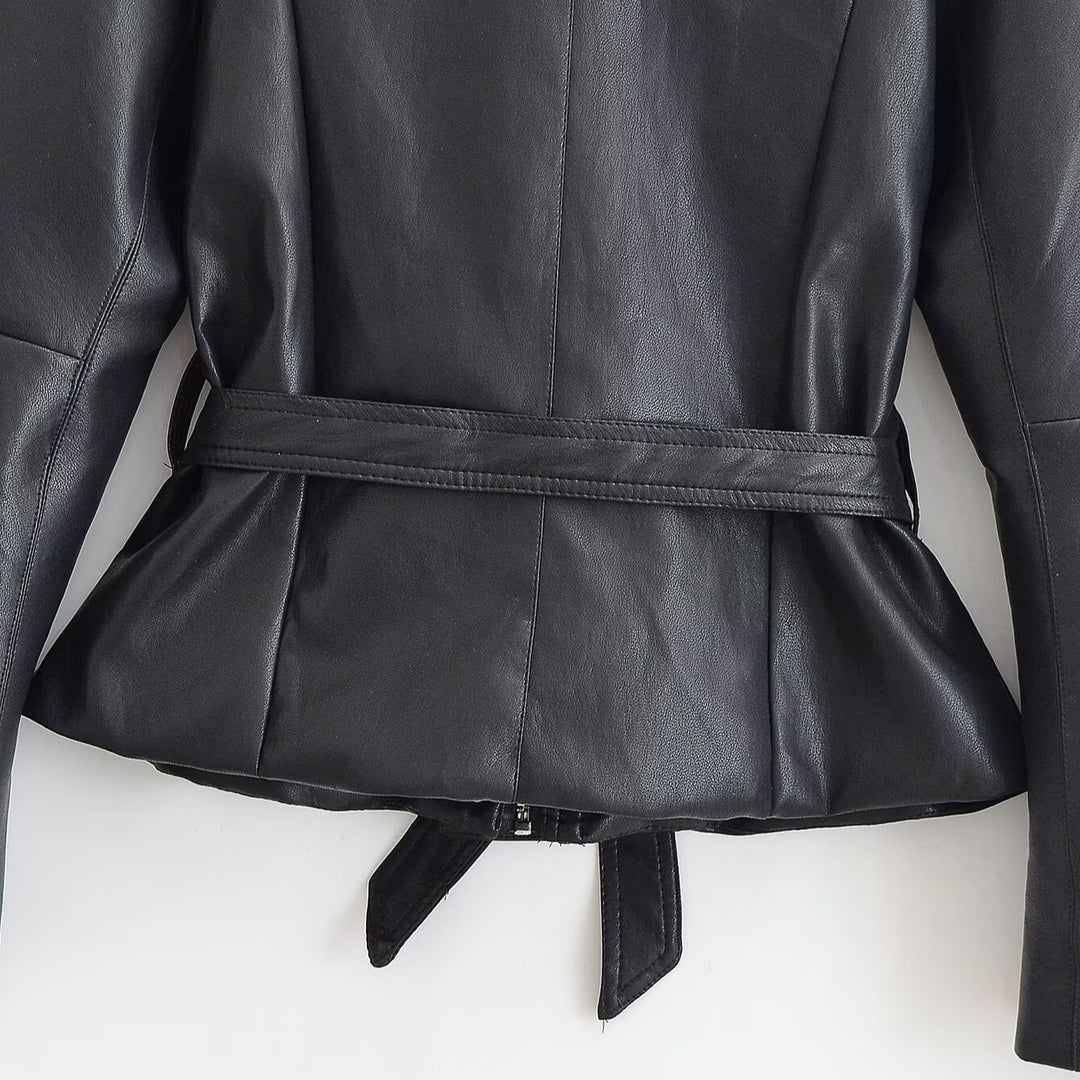 Damen Taillierte Lederoptik-Jacke mit Bindegürtel und Ballonärmeln Shop Nory
