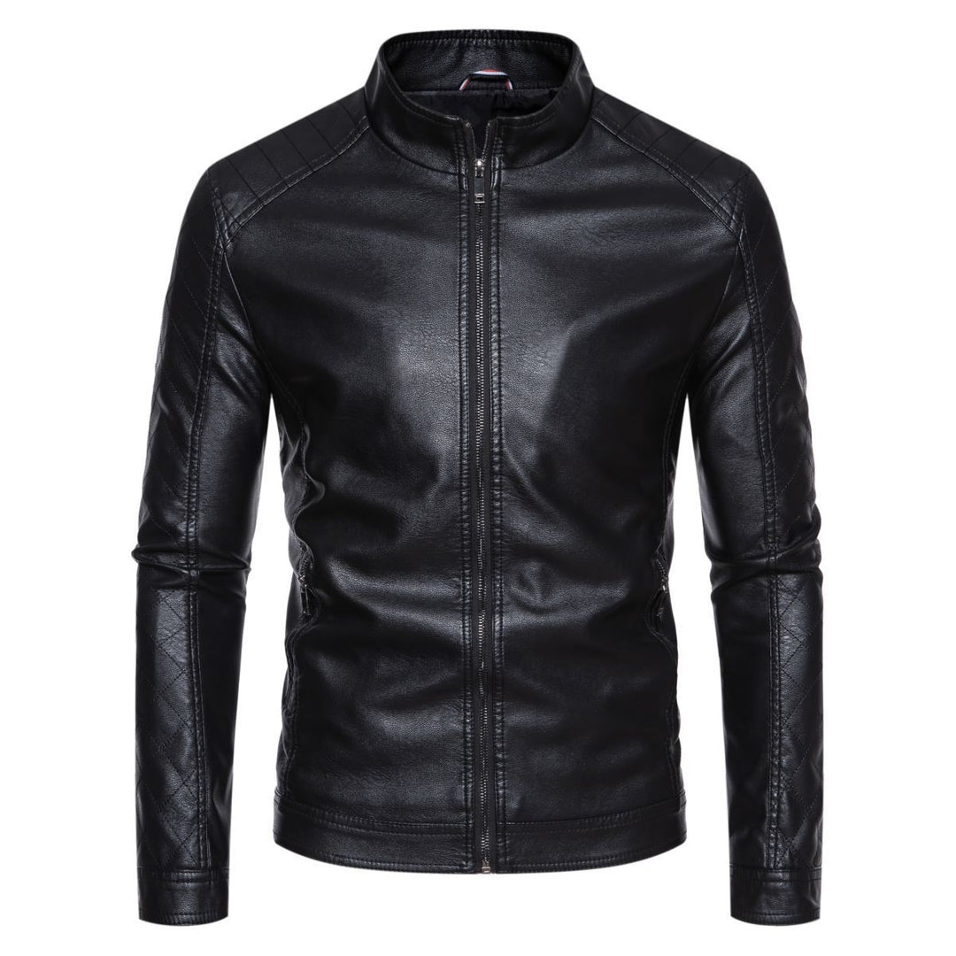 Herren taillierte Lederimitat-Bikerjacke mit Stehkragen und gesteppter Ärmeldetail Shop Nory