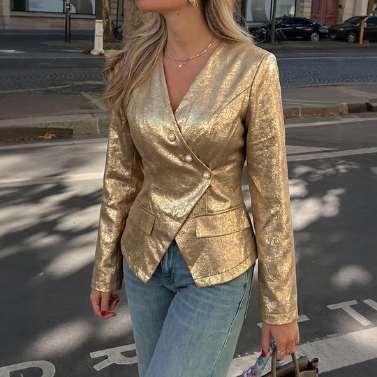 Damen Taillierter Metallic-Blazer mit Perlenknopfleiste und Schößchen Shop Nory