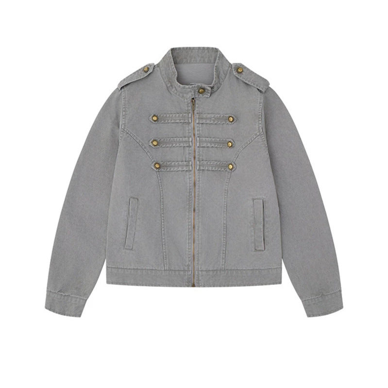 Damen Military-inspirierte Baumwoll-Canvas-Jacke mit Stehkragen, Zierknopfleisten und Schulterpatten Shop Nory