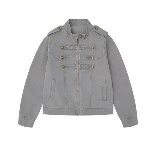 Damen Military-inspirierte Baumwoll-Canvas-Jacke mit Stehkragen, Zierknopfleisten und Schulterpatten Shop Nory