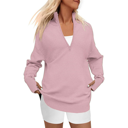 Damen Oversize-Feinstrickpullover mit halbem Reißverschluss, Stehkrragen und Daumenloch-Ärmeln Shop Nory