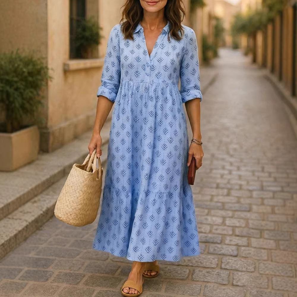 Damen Maxikleid mit elegantem Kragen und floralen Mustern