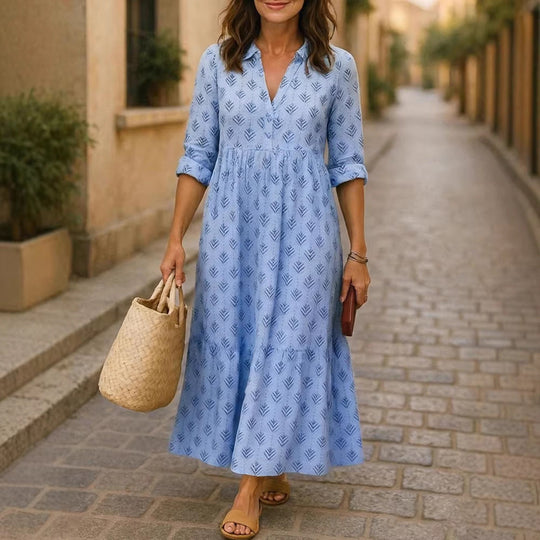 Damen Maxikleid mit elegantem Kragen und floralen Mustern