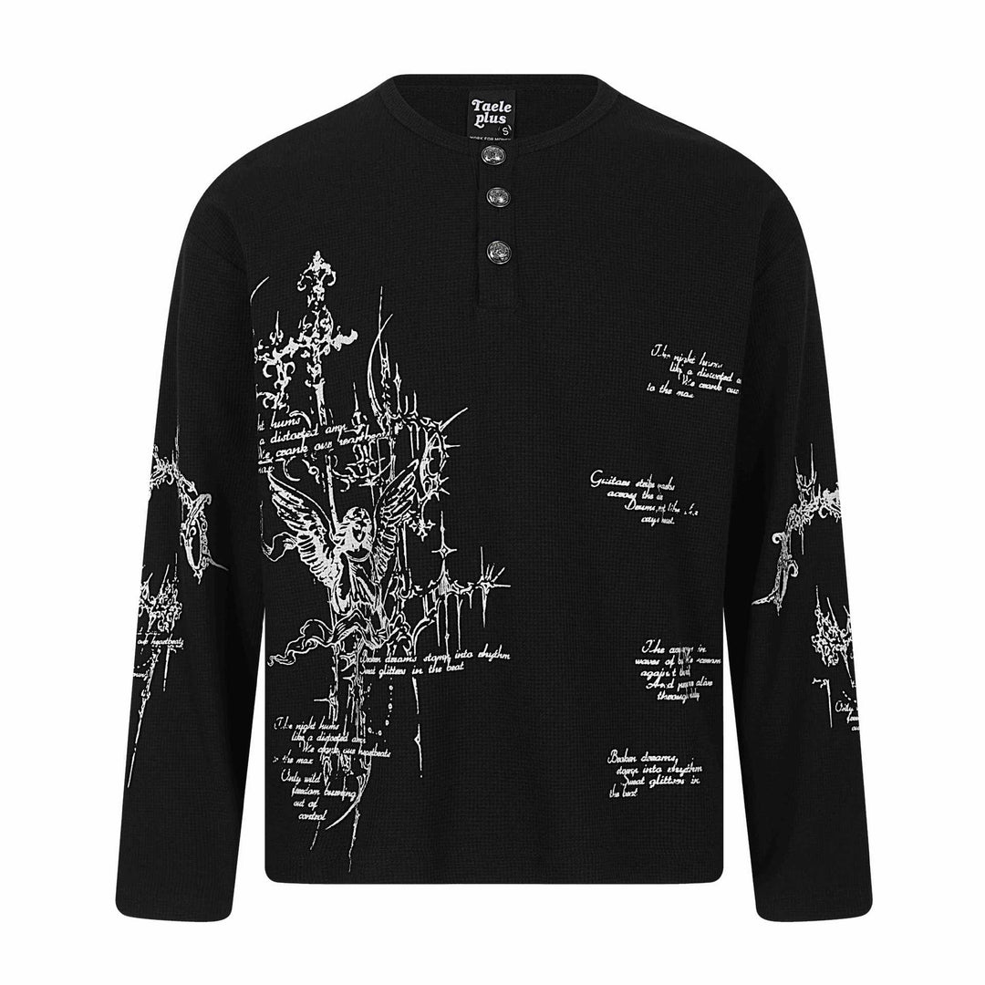 Unisex Waffelstrick-Henley-Langarmshirt mit 3‑Knopfleiste und Allover-Print Shop Nory