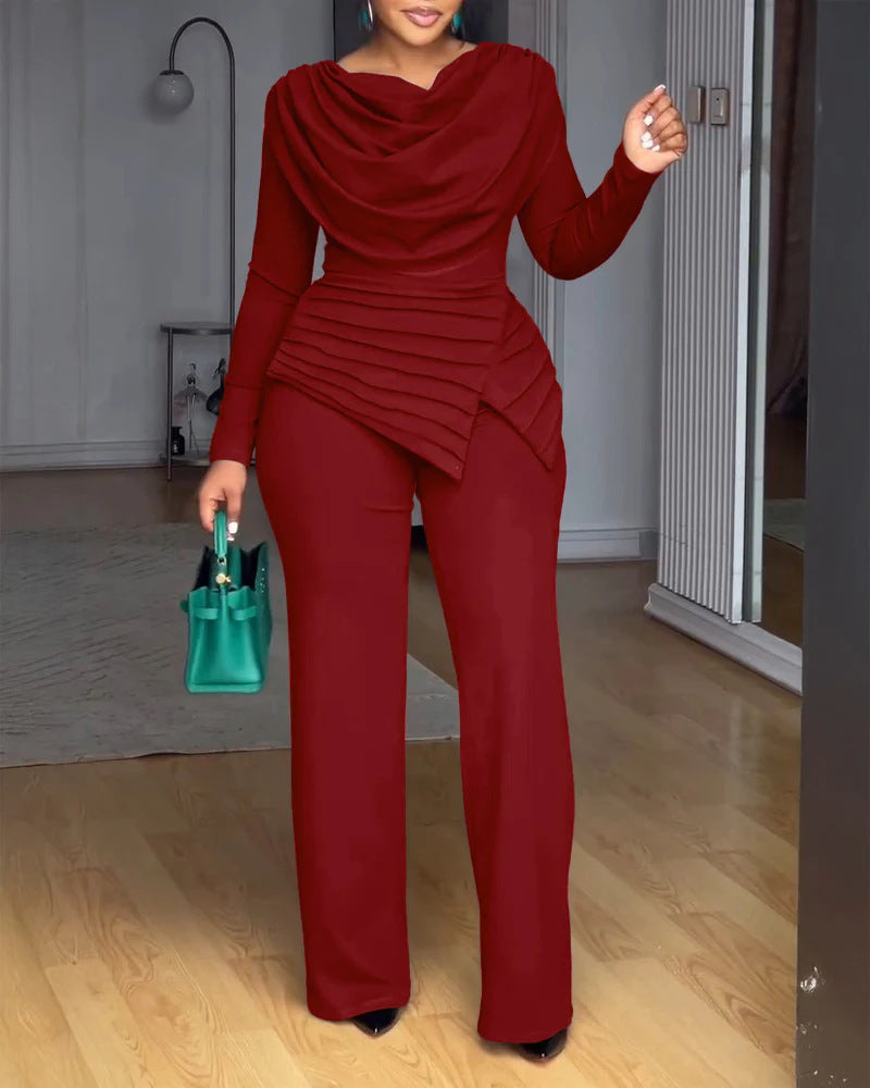 Damen Zweiteiliges Ensemble mit Wasserfall-Drapé-Oberteil, abgestuftem Peplum und gerader Bundfalten-Hose Shop Nory