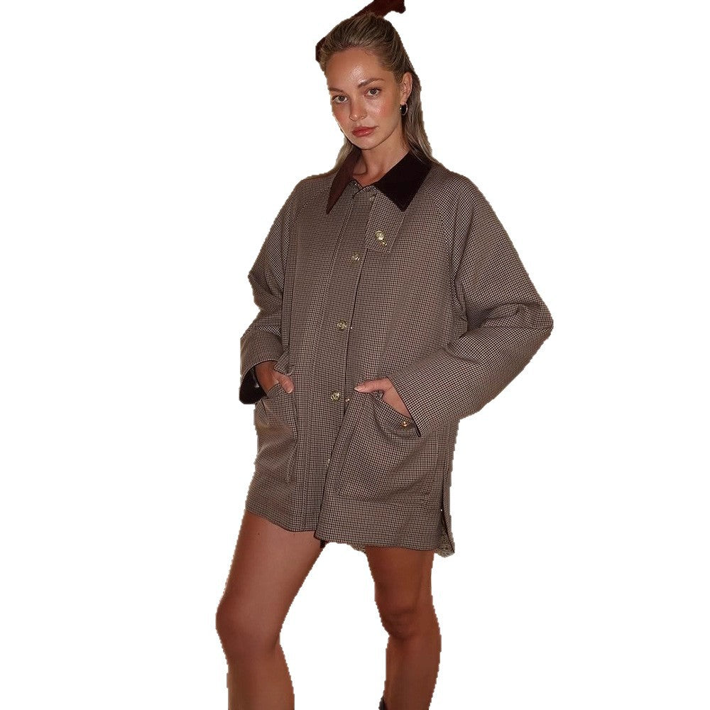 Damen Oversize-Boxy-Jacke im Glencheck mit Samtkragen und goldenen Zierknöpfen Shop Nory
