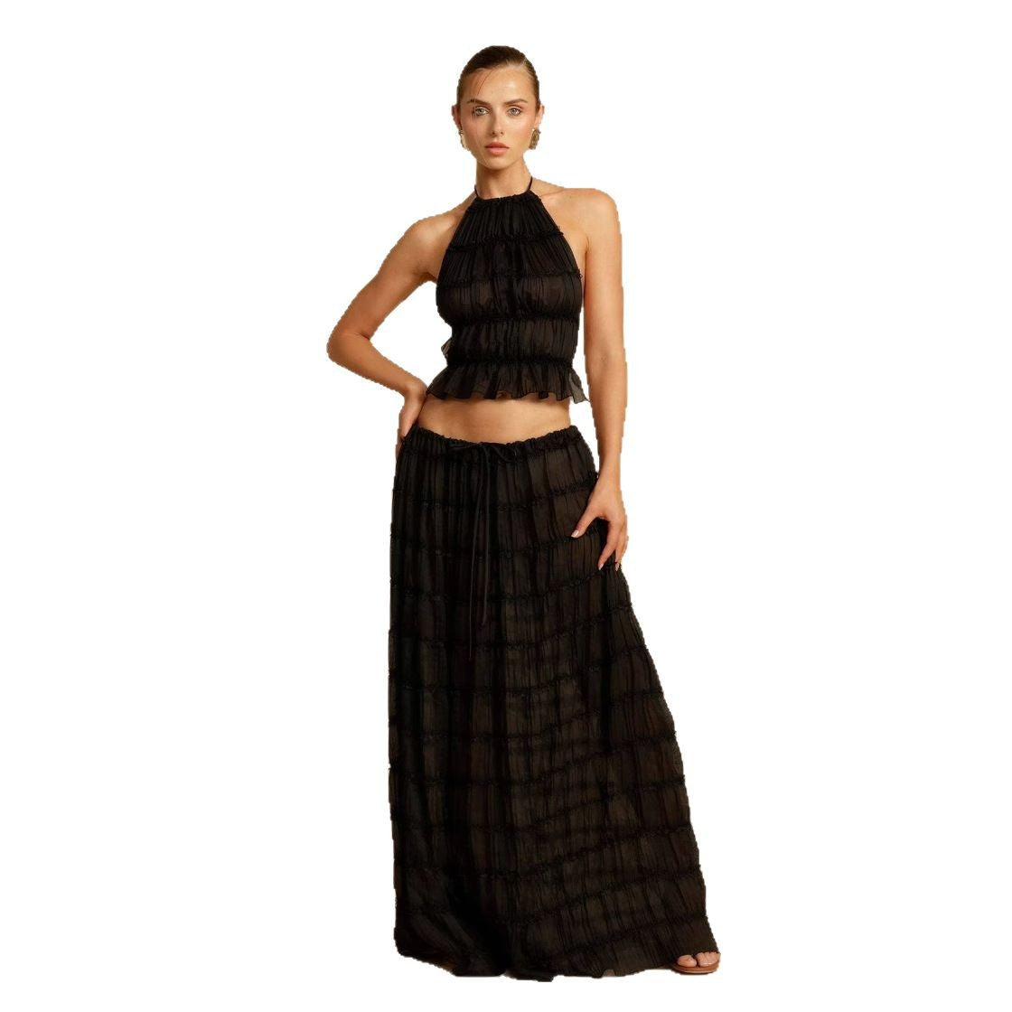Damen Elegantes und verspieltes Zweiteiliges Sommerkleid mit gerafftem Oberteil und fließendem Rock