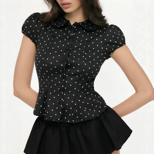 Damen Karo-Bluse mit Bubikragen, Taillierter Peplum-Silhouette und Puffärmeln Shop Nory