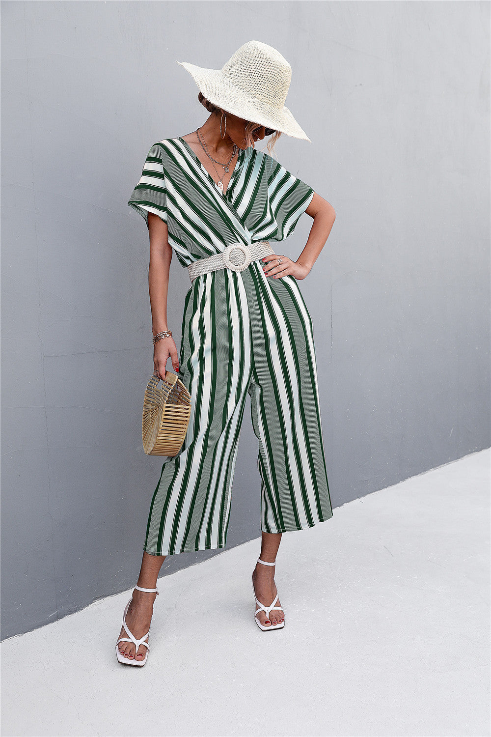 Damen eleganter Jumpsuit mit V-Ausschnitt, breiten Ärmeln und anisstreifendem Design