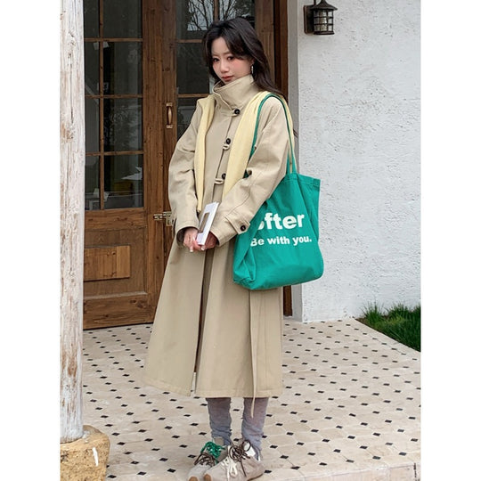 Damen Langer Trenchcoat mit hohem Stehkragen und Raglanärmeln Shop Nory