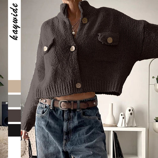 Damen nan kuschelige Strickjacke mit Holzknöpfen und Brustklappe Shop Nory
