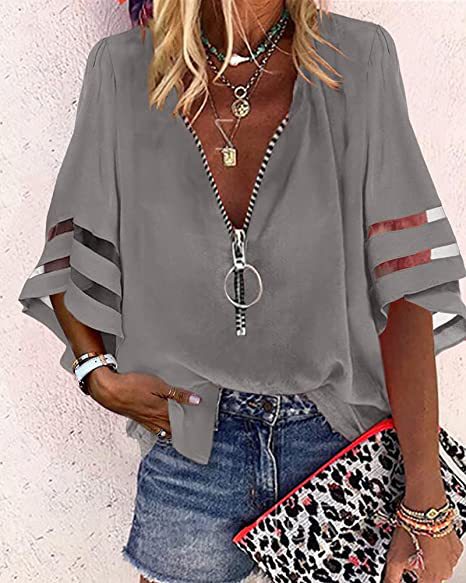 Damen V‑Ausschnitt Bluse mit dekorativem Ringreißverschluss und Cut-Out-Ärmeln Shop Nory