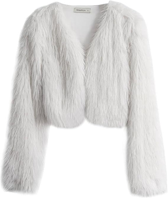 Damen Kurze glamouröse Kunstfelljacke mit lockeren Ärmeln