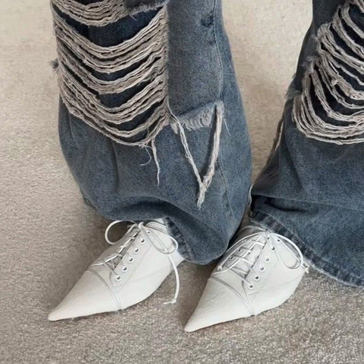 Damen Spitz zulaufende Schnür-Ballerinas im Retro-Couture‑Stil Shop Nory