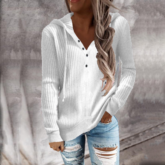 Damen Lässiger gerippter Hoodie-Pullover mit Henley-Knopfleiste und Tunnelzug Shop Nory
