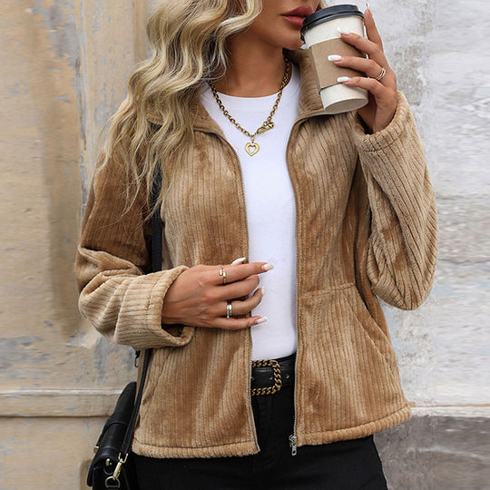 Damen Plüsch-Cordjacke mit Stehkragen, Reißverschluss & Kängurutaschen Shop Nory