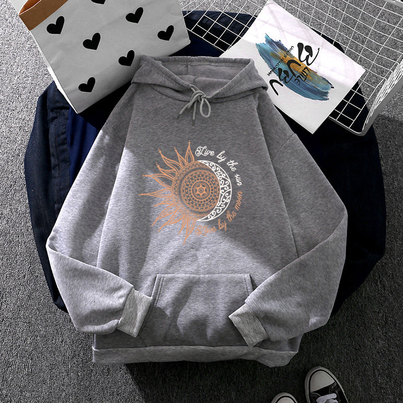 Damen nan Kapuzenpullover mit Sonn-und-Mond-Mandala, Kängurutasche und angerautem Fleece Shop Nory