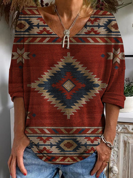 Damen Aztekisch gemustertes Oversize-Tunika-Top mit V-Ausschnitt und dreiviertel-Ärmeln Shop Nory