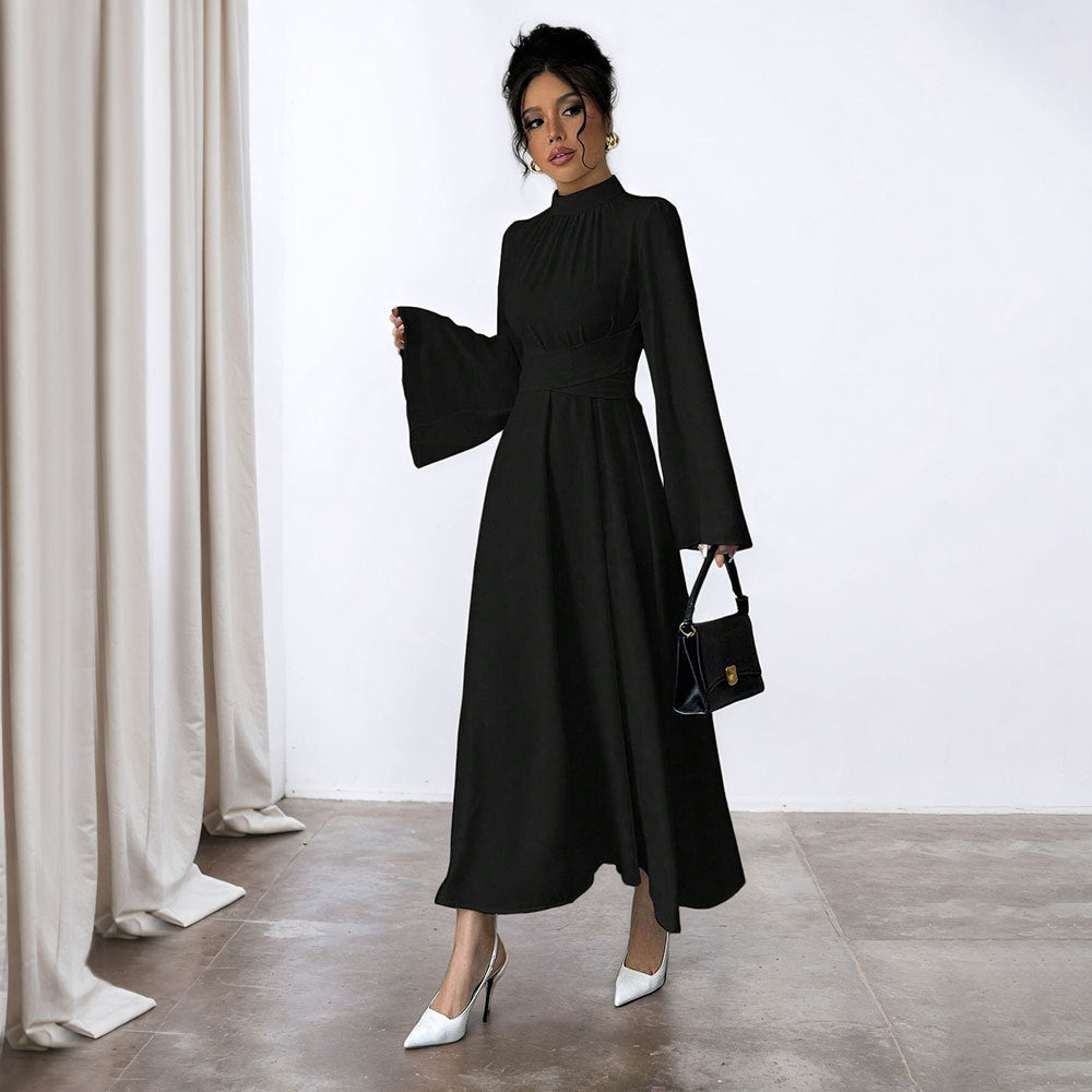 Damen elegantes Maxikleid mit Stehkragen, geraffter Taillenpartie und ausgestelltem A‑Linien‑Rock Shop Nory