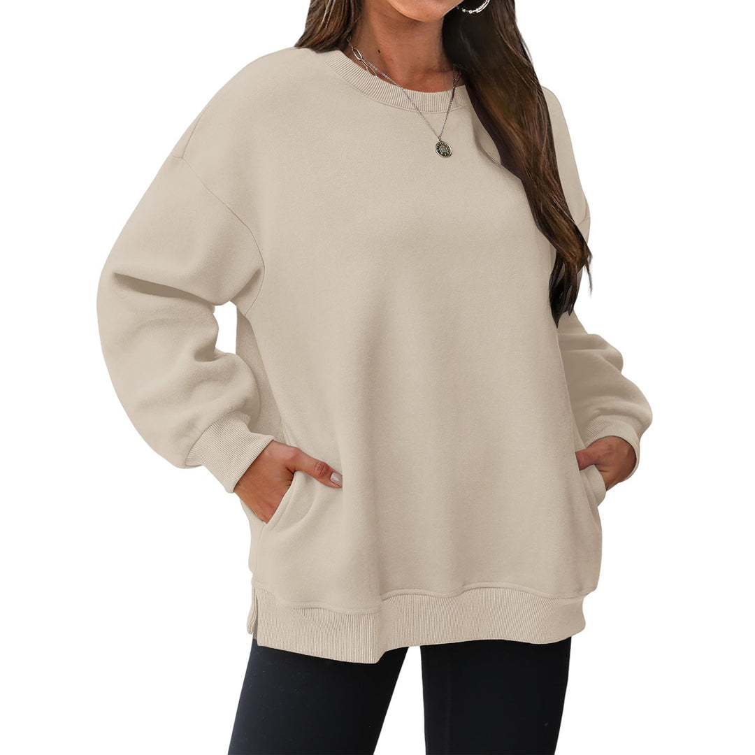 Damen nan verlängertes Oversize Rundhalspullover mit seitlichen Eingrifftaschen, Rippbündchen und überschnittener Schulter Shop Nory