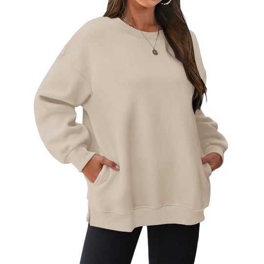 Damen nan verlängertes Oversize Rundhalspullover mit seitlichen Eingrifftaschen, Rippbündchen und überschnittener Schulter Shop Nory