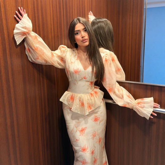 Damen Midaxi-Kleid mit Schößchen, V-Ausschnitt und voluminösen Puffärmeln Shop Nory
