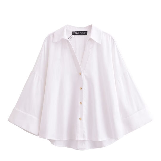 Damen nan lockere oversized Hemdbluse mit weitem Kragen und Dreiviertelärmeln Shop Nory