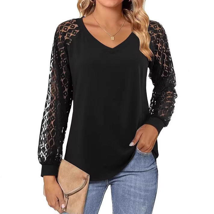Damen Feines V‑Neck Longsleeve mit transparenten Häkelärmel‑Details Shop Nory