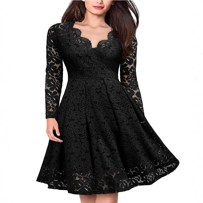 Damen tailliertes A-Linien-Spitzenkleid mit Tellerrock