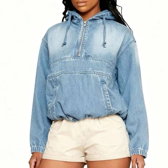 Damen Oversize Jeans-Hoodie mit halbem Reißverschluss, Kängurutasche und elastischem Saum Shop Nory