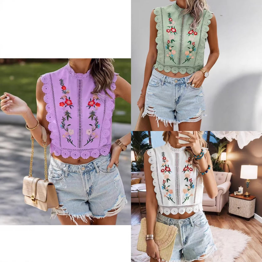 Damen Besticktes Spitzen-Cropped-Top mit Stehkragen und Häkelkanten Shop Nory