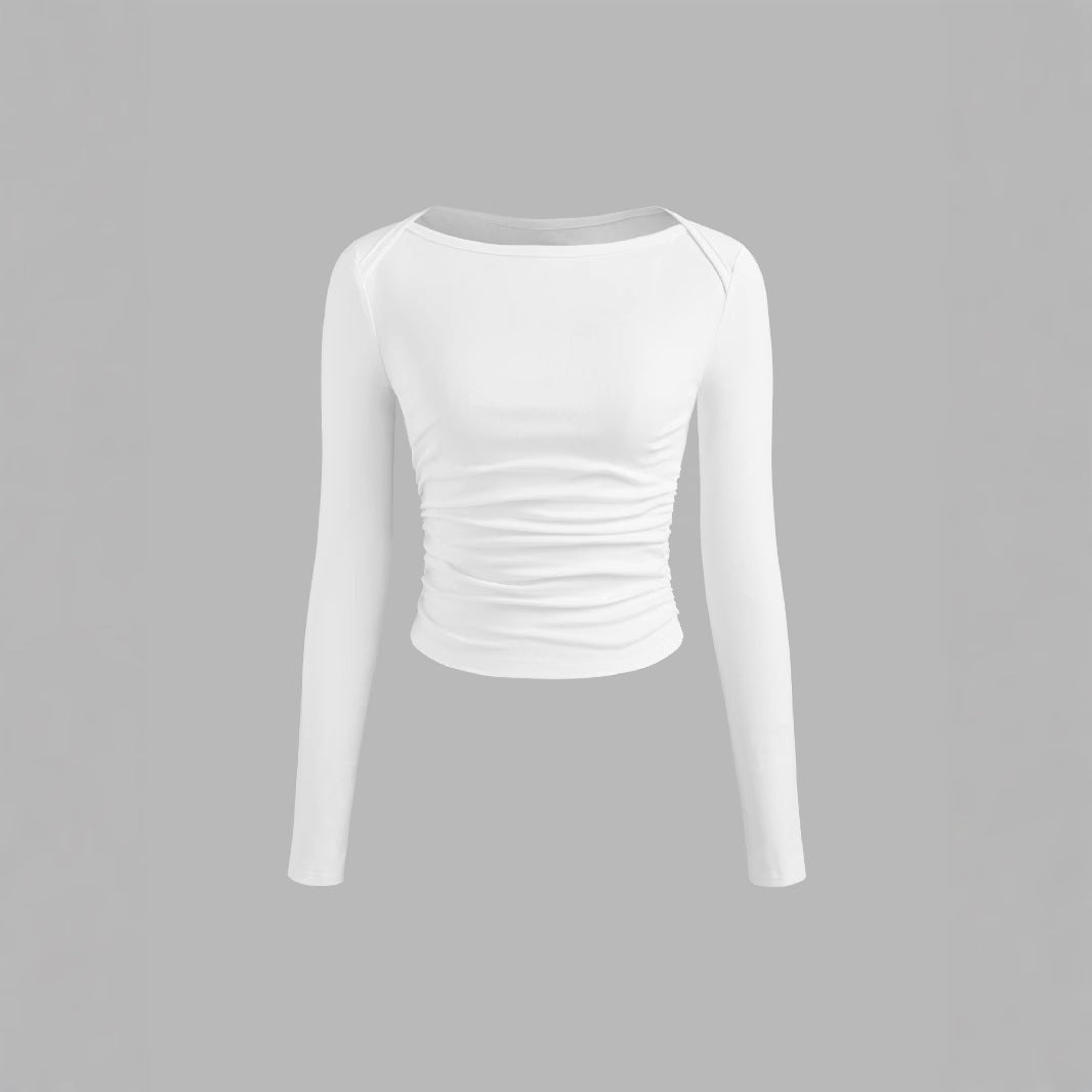 Damen Figurbetontes Langarm-Shirt mit U-Boot‑Ausschnitt und seitlicher Raffung Shop Nory