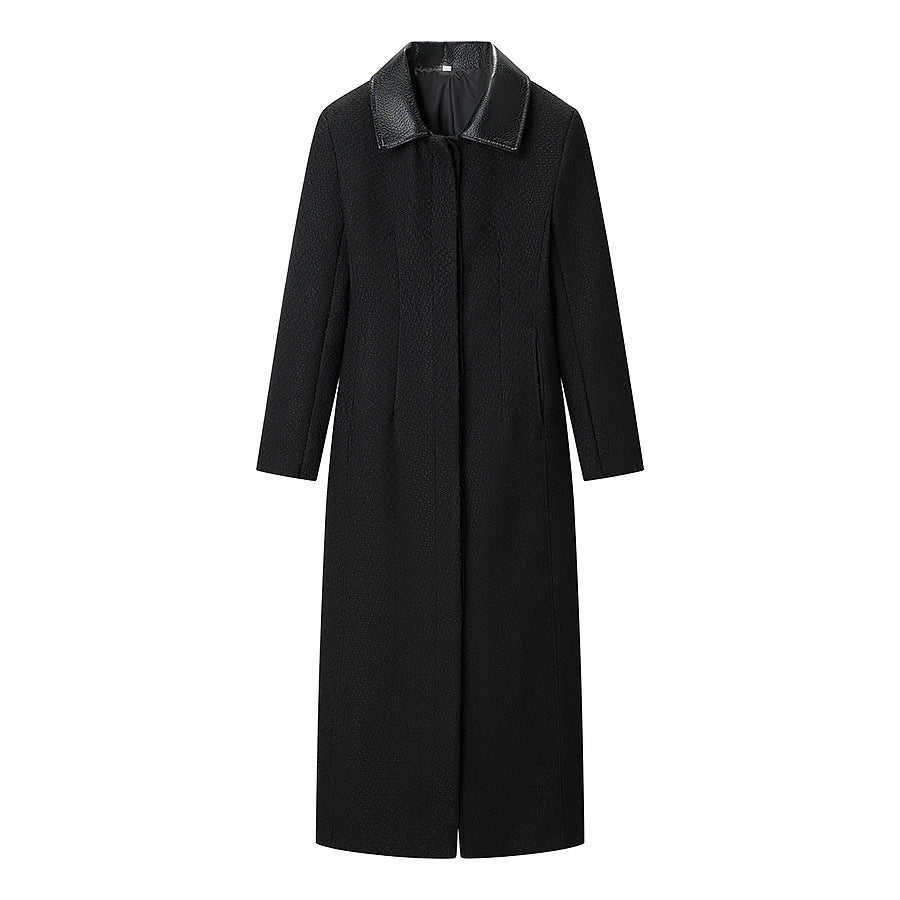 Damen Taillierter Maxilanger Wollmix-Mantel mit Lederkragen und durchgehender Knopfleiste Shop Nory