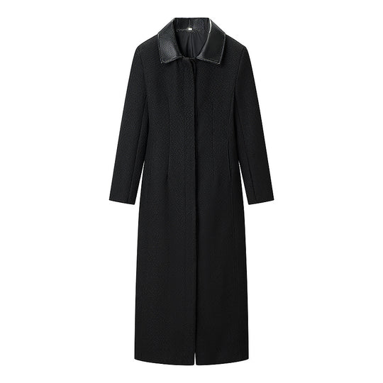 Damen Taillierter Maxilanger Wollmix-Mantel mit Lederkragen und durchgehender Knopfleiste Shop Nory
