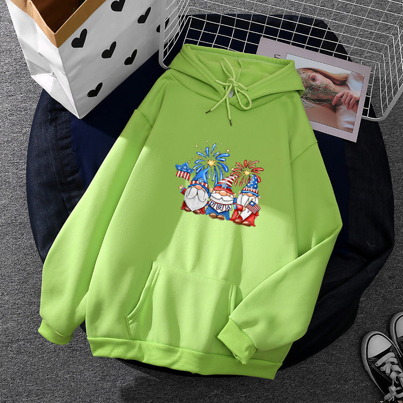 Damen nan Kapuzenpullover mit patriotischem Gartenzwerg-Print, angerautem Fleece-Innenfutter, Oversize-Schnitt und Kängurutasche Shop Nory