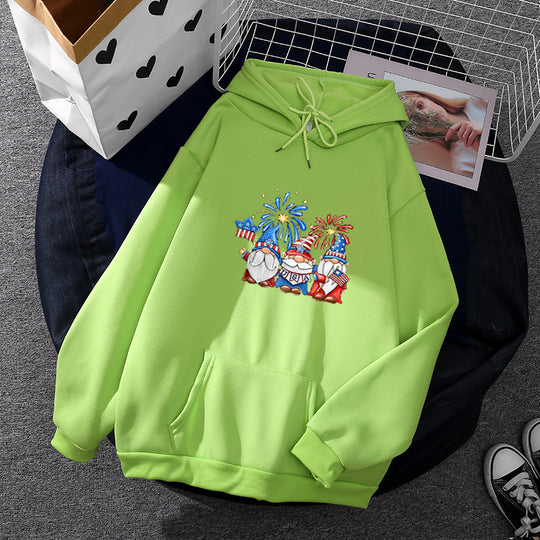 Damen nan Kapuzenpullover mit patriotischem Gartenzwerg-Print, angerautem Fleece-Innenfutter, Oversize-Schnitt und Kängurutasche Shop Nory