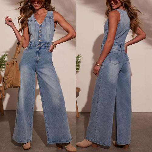 Damen Weitgeschnittene Denim-Latzhose mit Knopfdetails und regulierbarem Bund