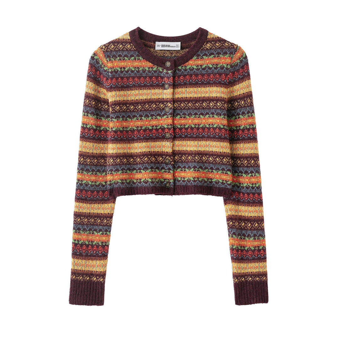 Damen Kurzgeschnittene Fair-Isle Strickjacke mit Rundhalsausschnitt und Knopfleiste Shop Nory
