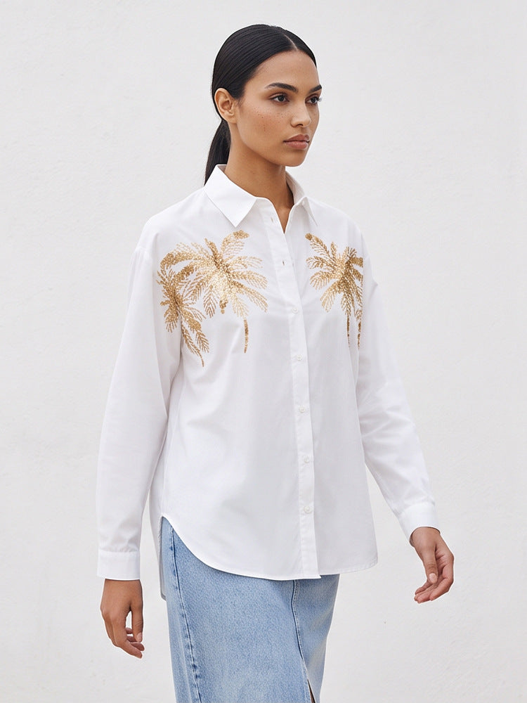Damen Hemdbluse mit Pailletten-Palmenapplikation, Oversize-Schnitt & klassischem Kragen Shop Nory