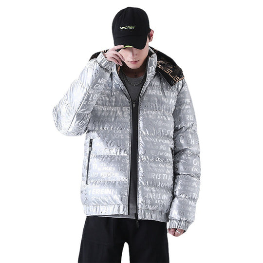 Herren Reflektierende gesteppte Daunenoptik-Überjacke mit Kapuze und Allover-Print Shop Nory