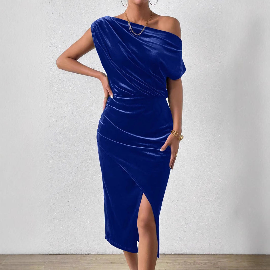 Damen Elegantes Schulterfreies Midikleid im Fließenden Design
