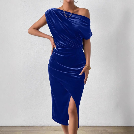 Damen Elegantes Schulterfreies Midikleid im Fließenden Design