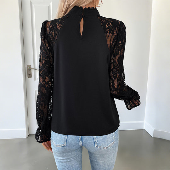 Damen Elegant-romantische Bluse mit gehäkelten Spitzenärmeln, Stehkragen und vertikalen Ziernähten Shop Nory