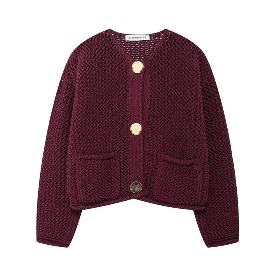 Damen Strickjacke mit offener Netz-Struktur, Zierknöpfen und aufgesetzten Taschen Shop Nory