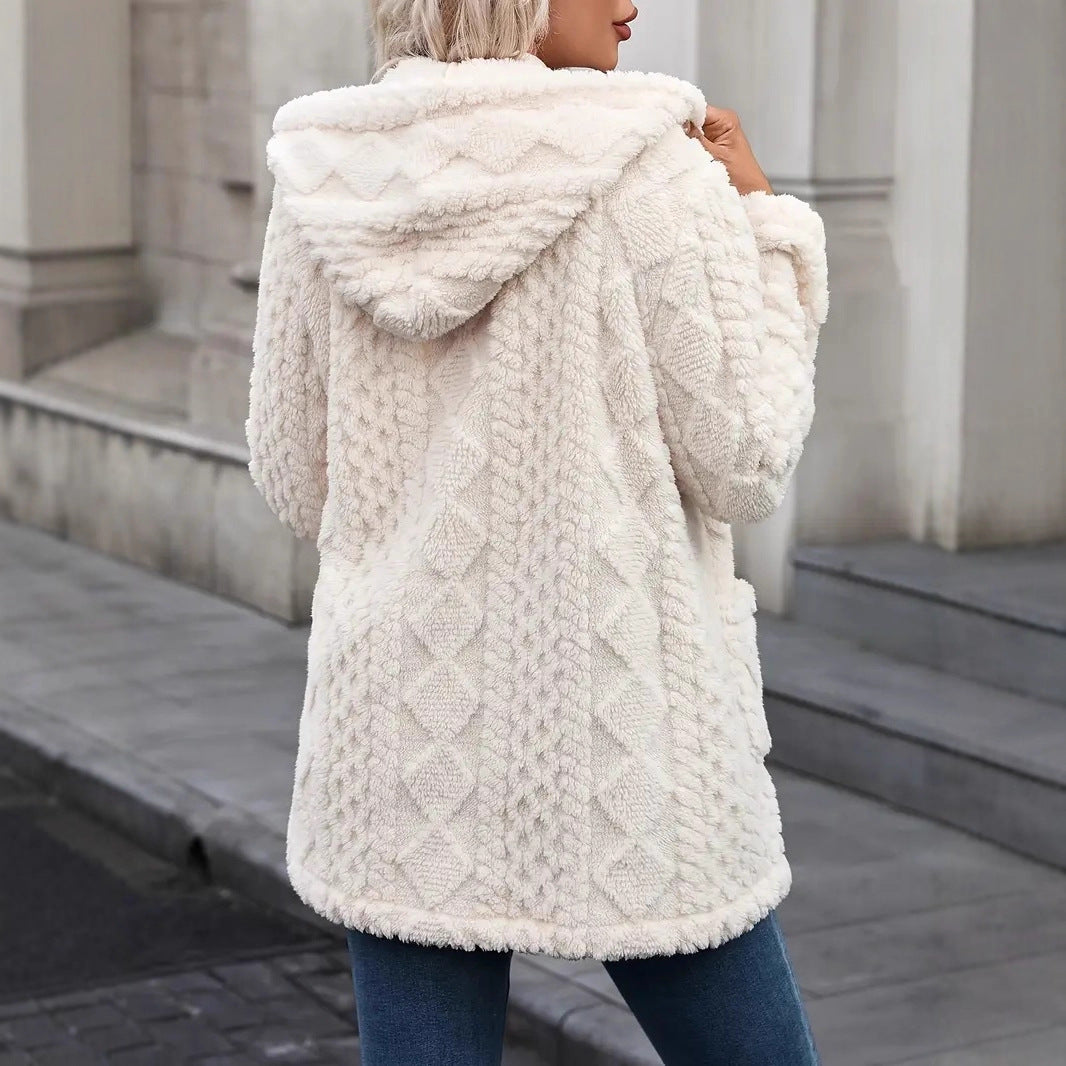 Damen Kuschelige Teddyjacke mit Kapuze, Knopfleiste und aufgesetzten Taschen Shop Nory