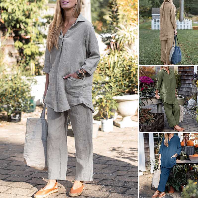 Damen Leinen-Loungewear-Set mit weitem Tunika-Hemd und lockerer Palazzo-Hose Shop Nory