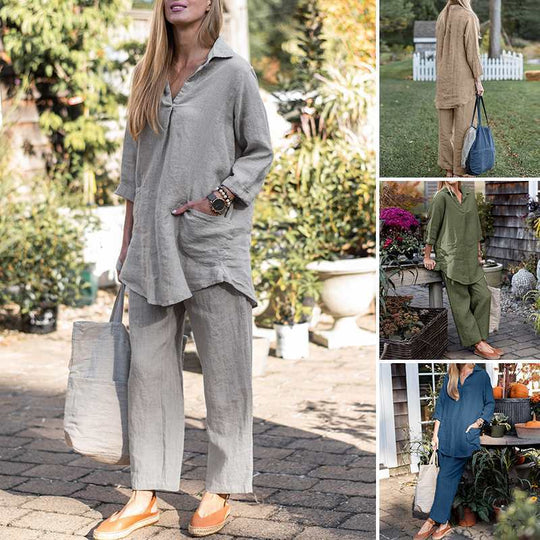 Damen Leinen-Loungewear-Set mit weitem Tunika-Hemd und lockerer Palazzo-Hose Shop Nory