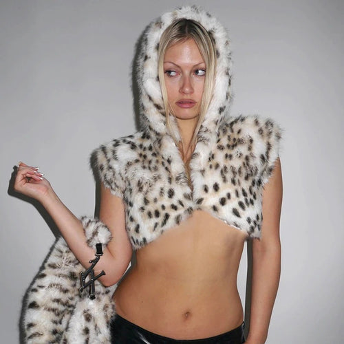 Damen kurzes Kapuzen-Bolero aus Kunstpelz mit Fellstola und Armbandmanschette Shop Nory
